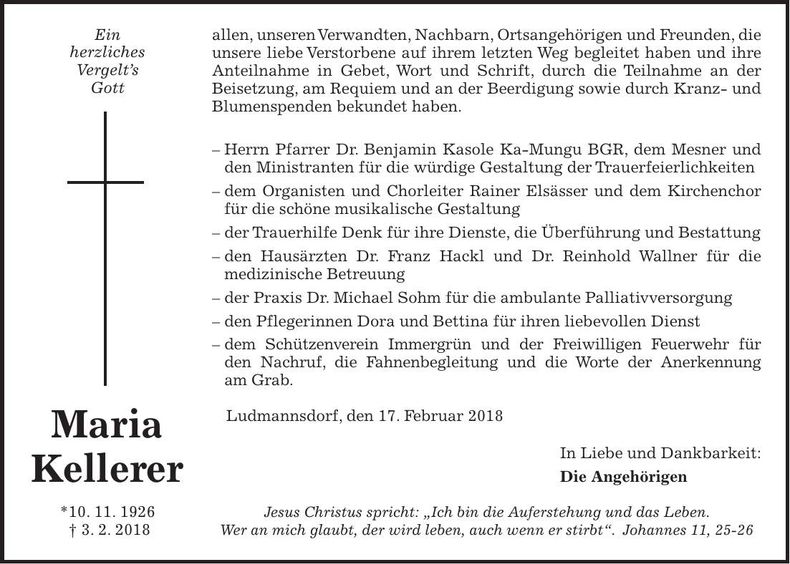 Traueranzeige Maria Kellerer