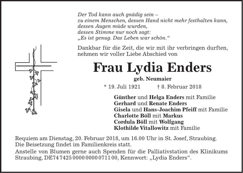 Traueranzeige Lydia Enders