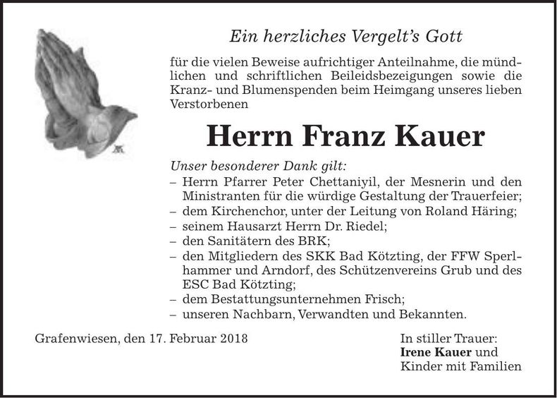 Traueranzeige Franz Kauer