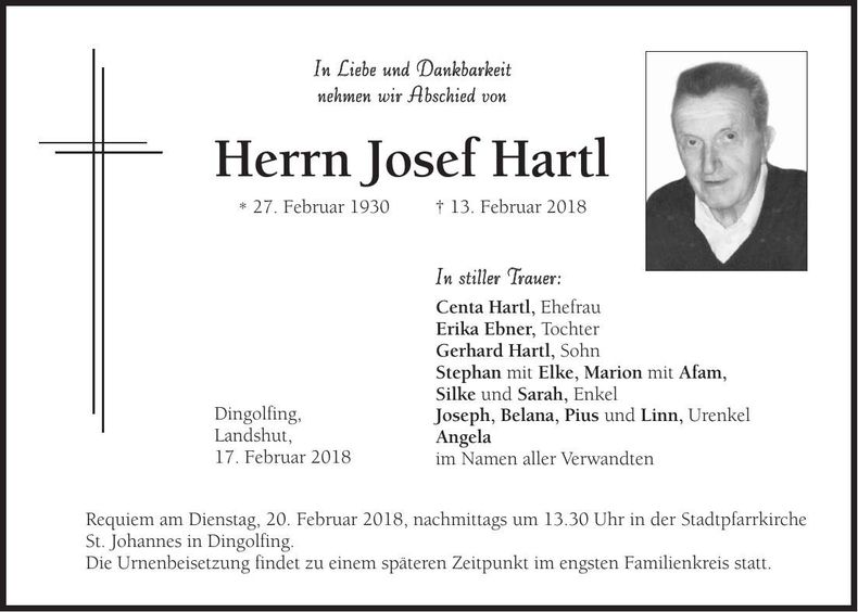 Traueranzeige Josef Hartl