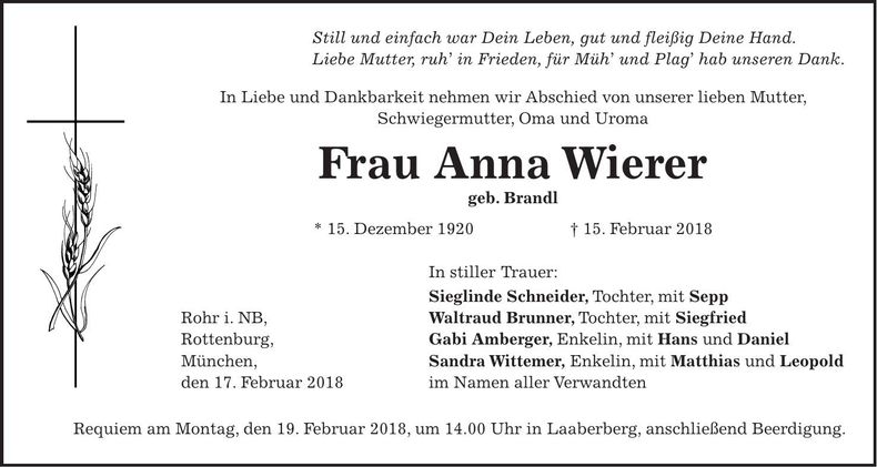 Traueranzeige Anna Wierer