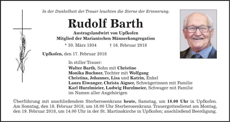 Traueranzeige Rudolf Barth