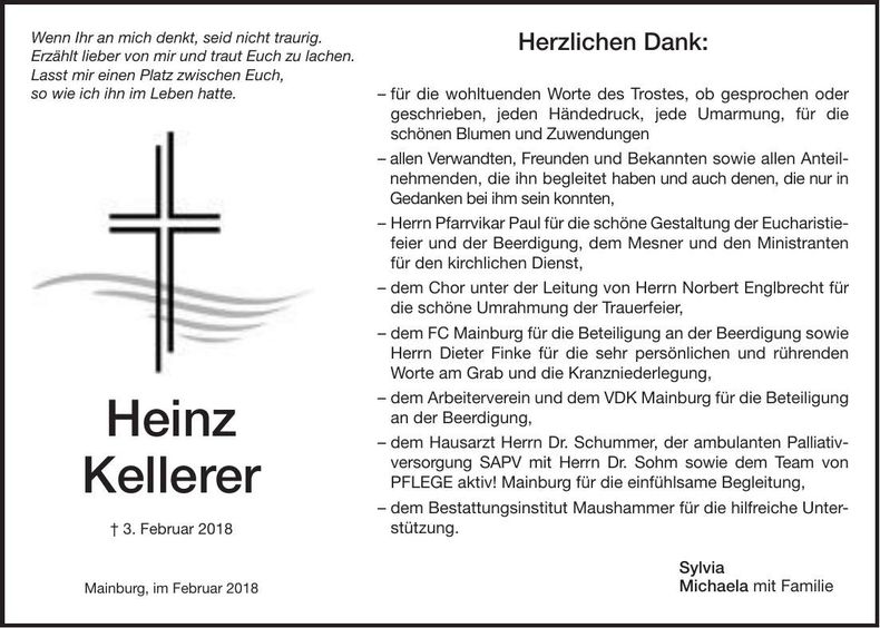 Traueranzeige Heinz Kellerer