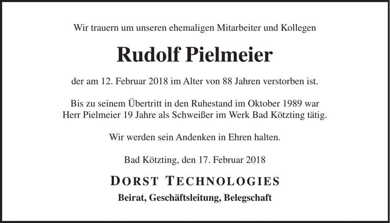Traueranzeige Rudolf Pielmeier
