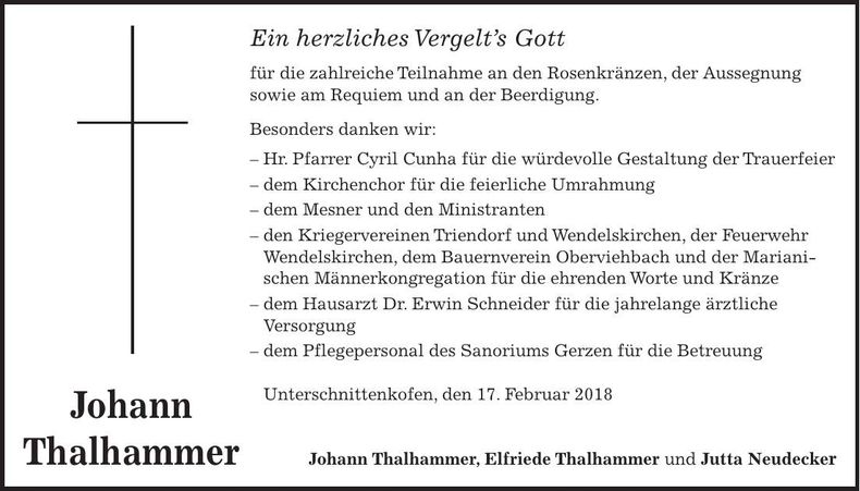 Traueranzeige Johann Thalhammer