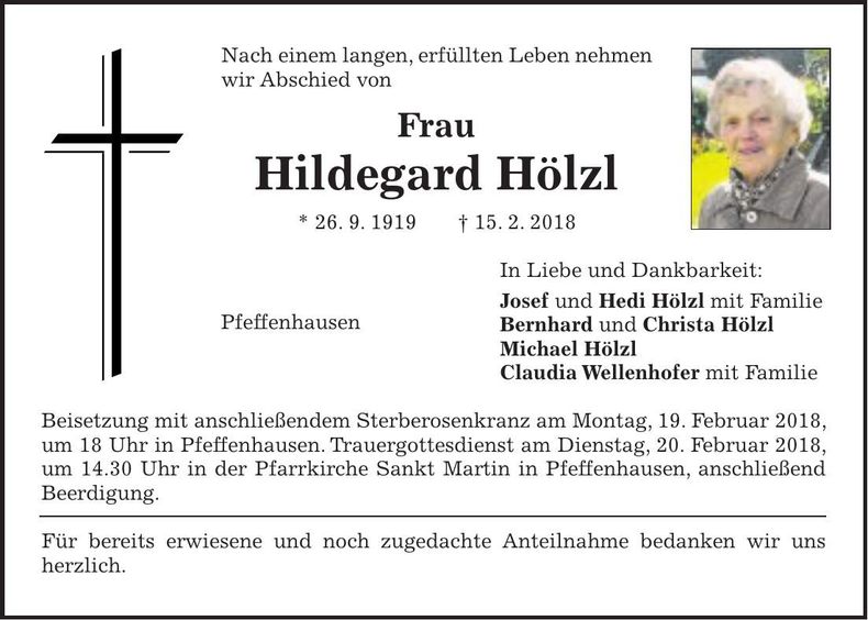 Traueranzeige Hildegard Hölzl