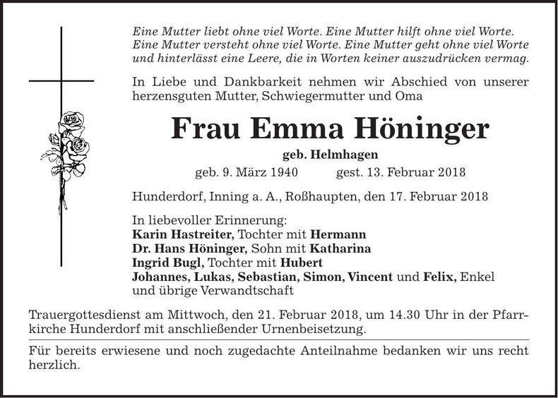 Traueranzeige Emma Höninger