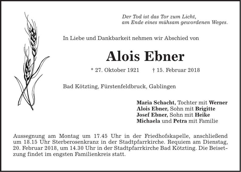 Traueranzeige Alois Ebner