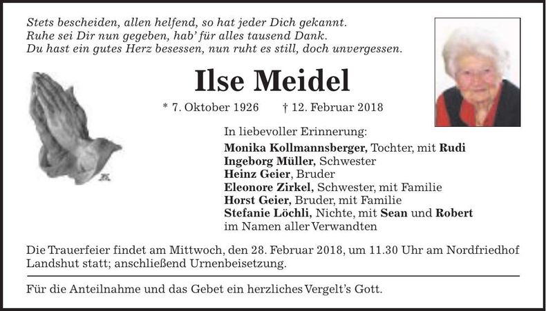 Traueranzeige Ilse Meidel