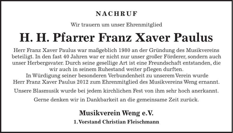 Traueranzeige Franz Xaver Paulus