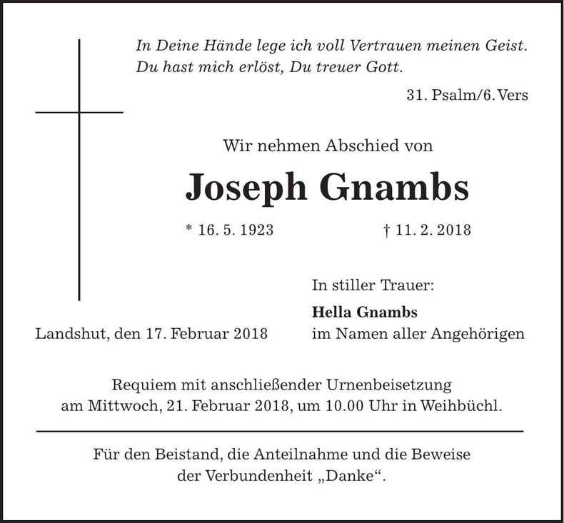 Traueranzeige Joseph Gnambs