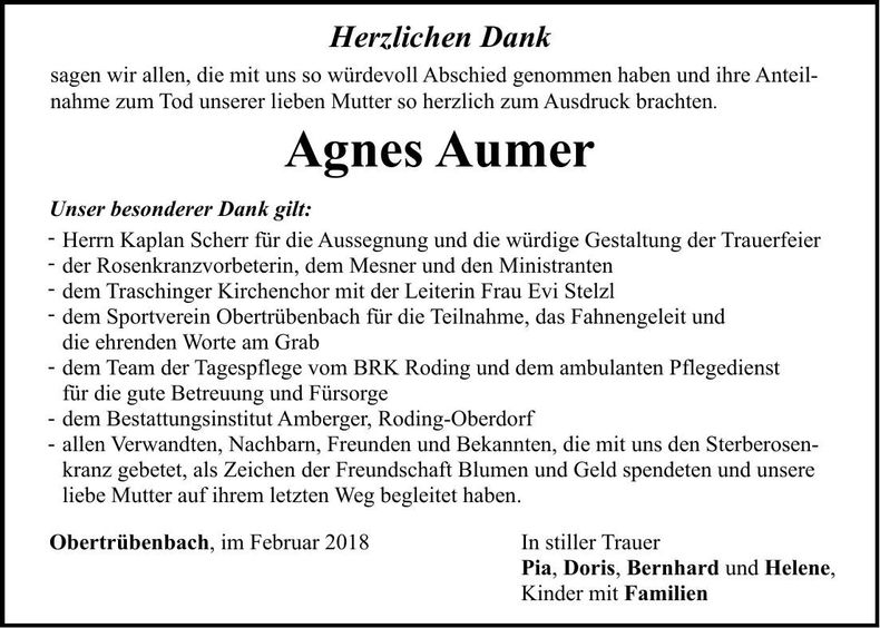 Traueranzeige Agnes Aumer