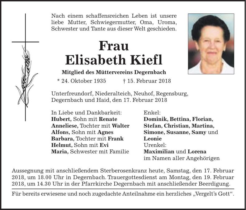 Traueranzeige Elisabeth Kiefl