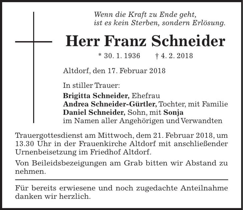 Traueranzeige Franz Schneider