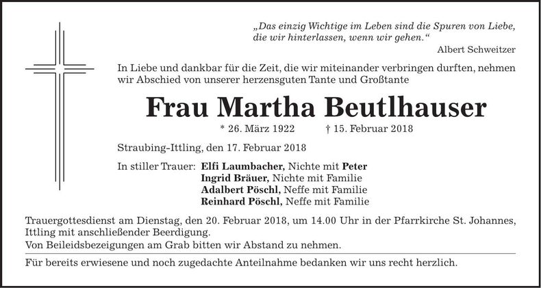 Traueranzeige Martha Beutlhauser