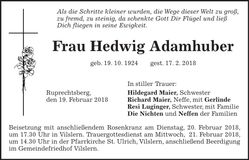 Traueranzeige Hedwig Adamhuber