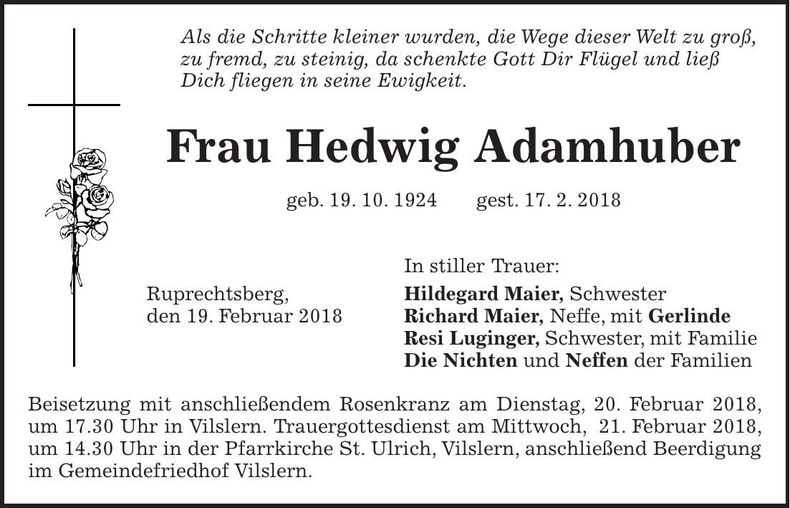 Traueranzeige Hedwig Adamhuber