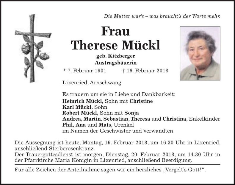 Traueranzeige Therese Mückl