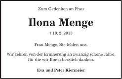 Traueranzeige Ilona Menge