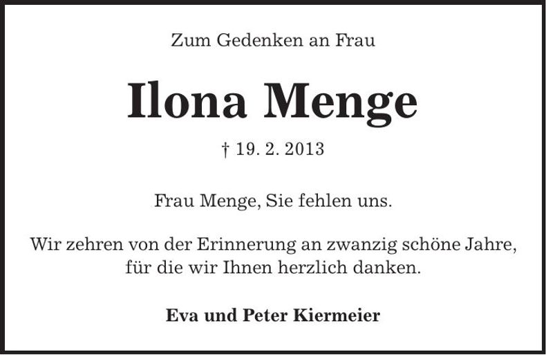 Traueranzeige Ilona Menge
