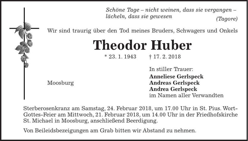 Traueranzeige Theodor Huber