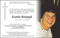 Traueranzeige Gertie Stumpf