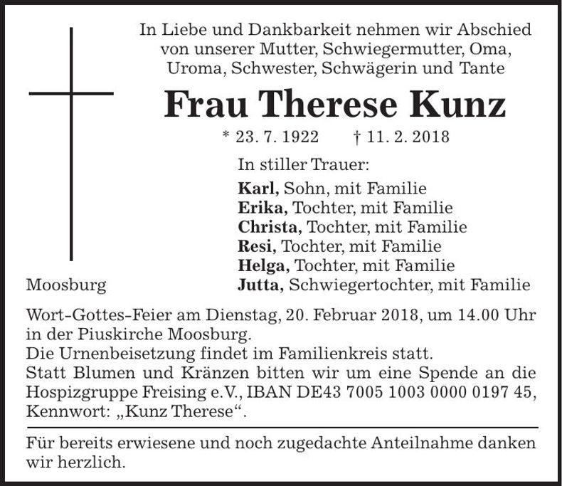 Traueranzeige Therese Kunz