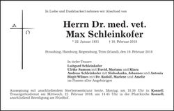 Traueranzeige Dr. med. vet. Max Schleinkofer