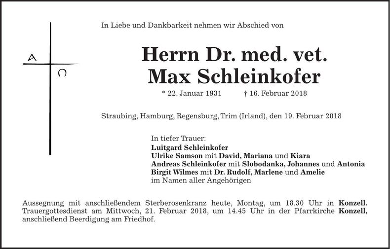 Traueranzeige Dr. med. vet. Max Schleinkofer