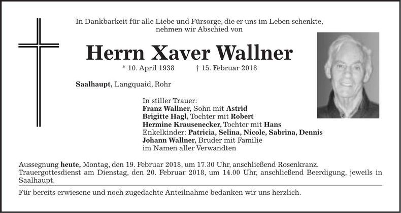 Traueranzeige Xaver Wallner