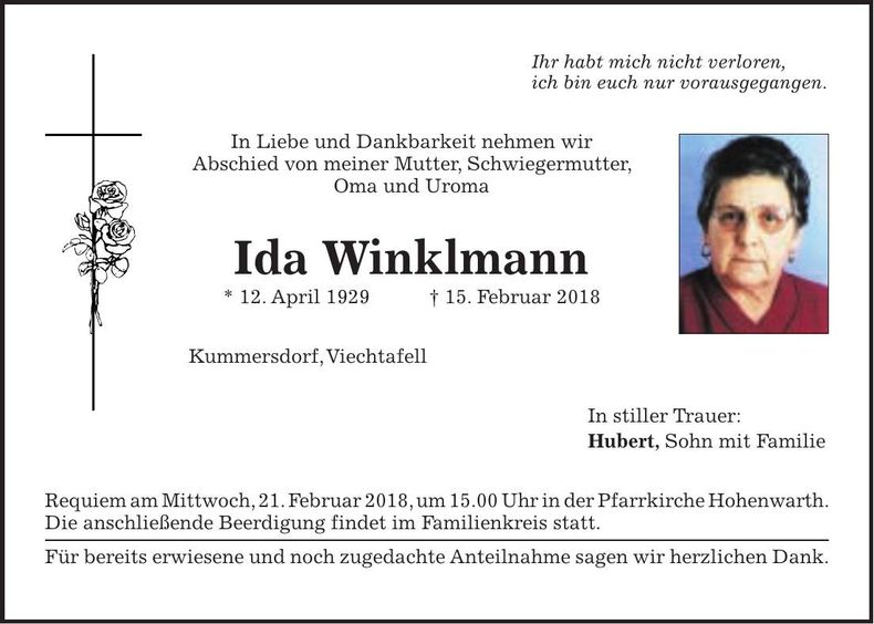 Traueranzeige Ida Winklmann