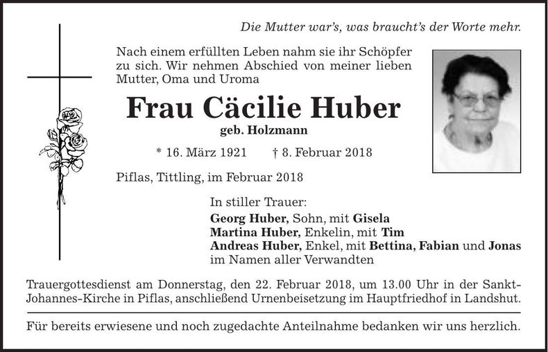 Traueranzeige Cäcilie Huber