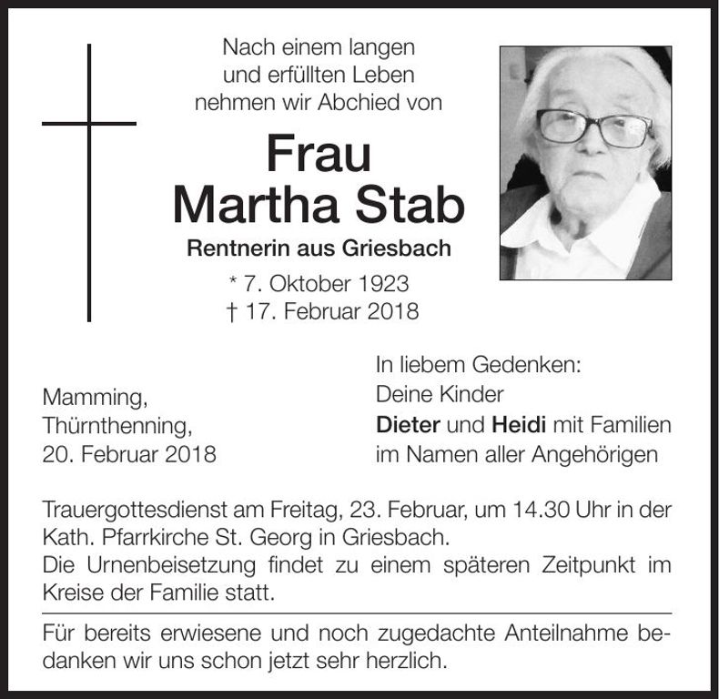 Traueranzeige Martha Stab