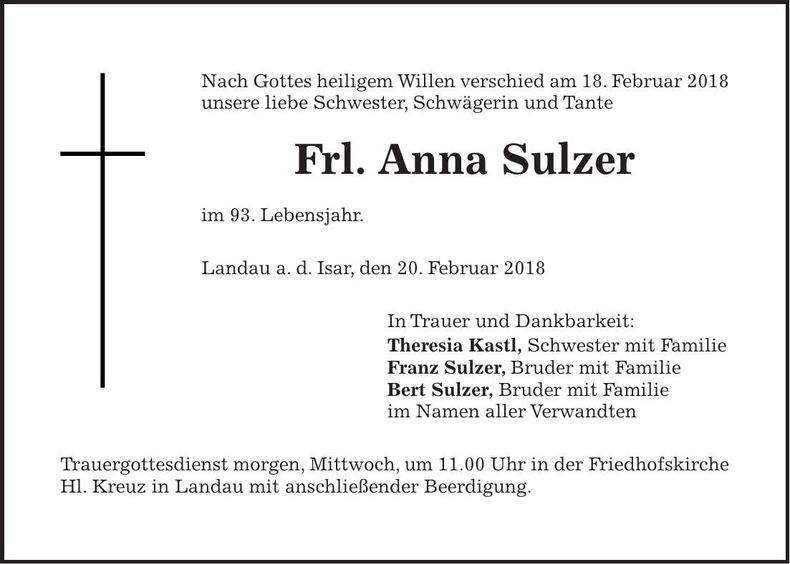 Traueranzeige Anna Sulzer