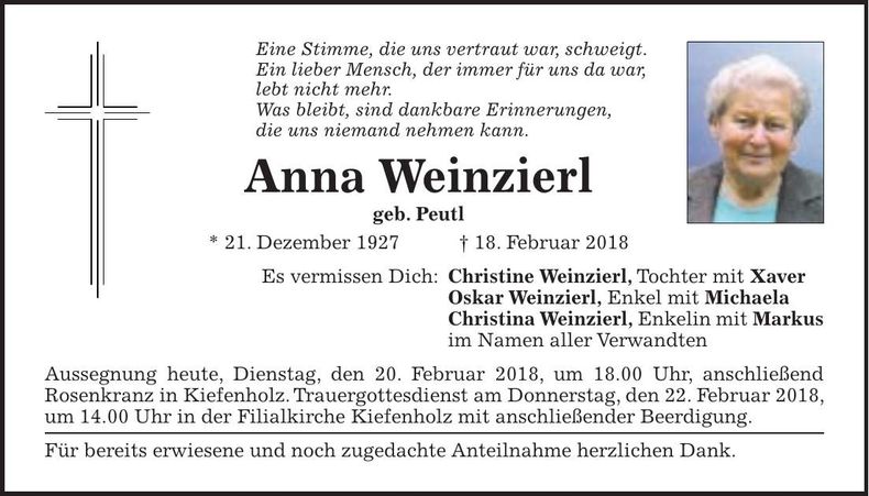 Traueranzeige Anna Weinzierl