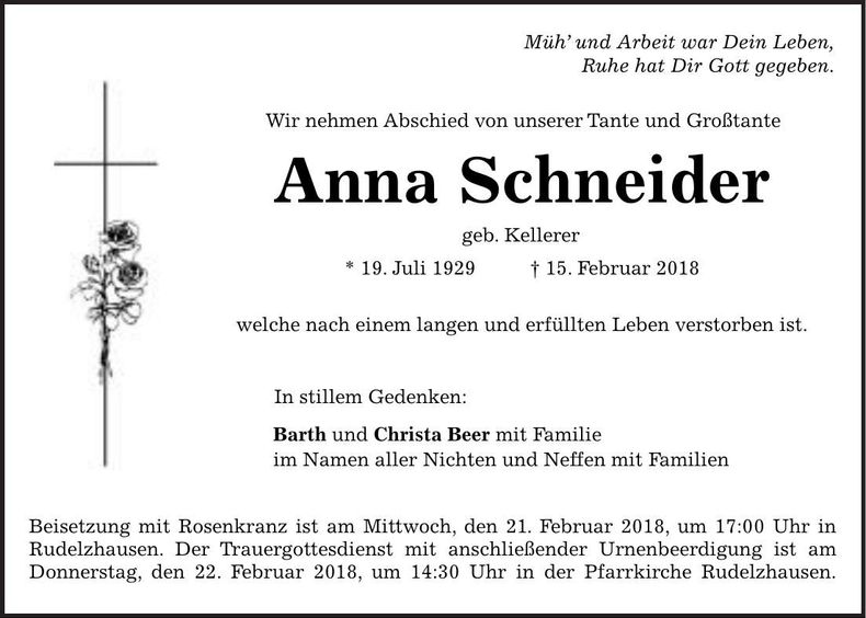 Traueranzeige Anna Schneider