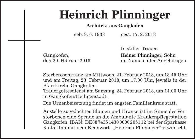 Traueranzeige Heinrich Plinninger