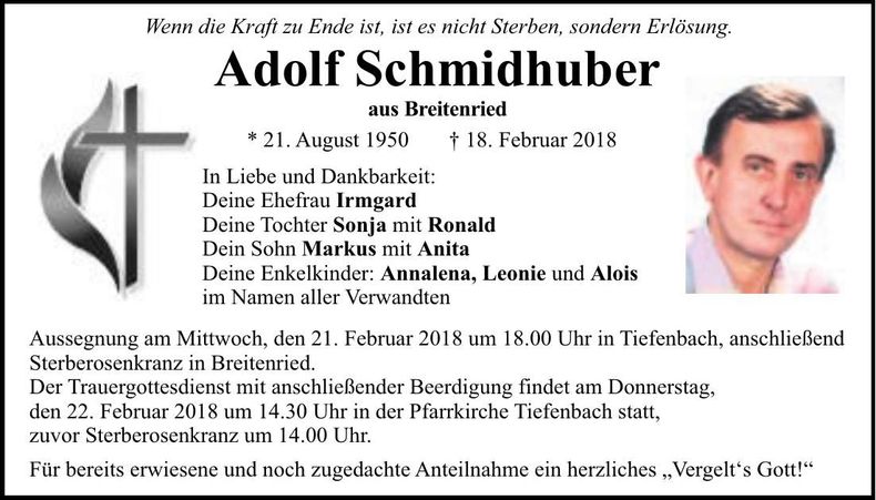 Traueranzeige Adolf Schmidhuber