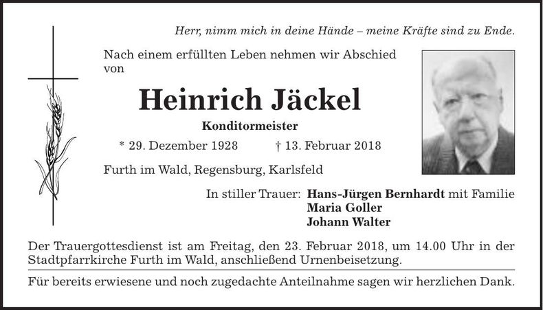 Traueranzeige Heinrich Jäckel