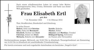 Traueranzeige Elisabeth Ertl