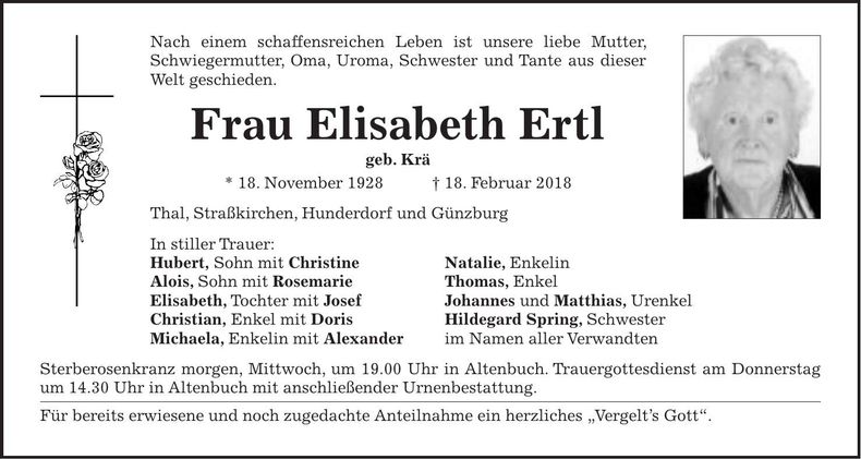 Traueranzeige Elisabeth Ertl