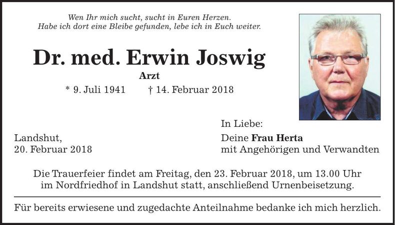Traueranzeige Erwin Dr. Joswig
