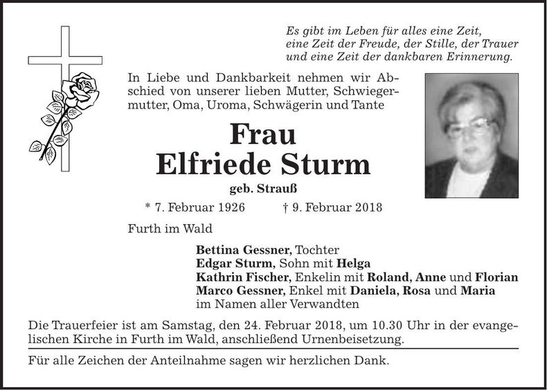 Traueranzeige Elfriede Sturm