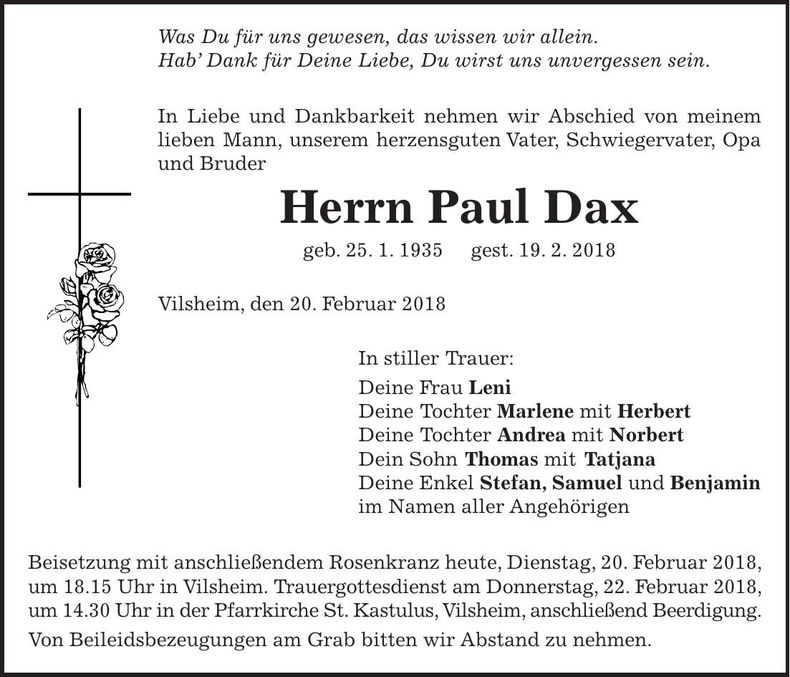 Traueranzeige Paul Dax