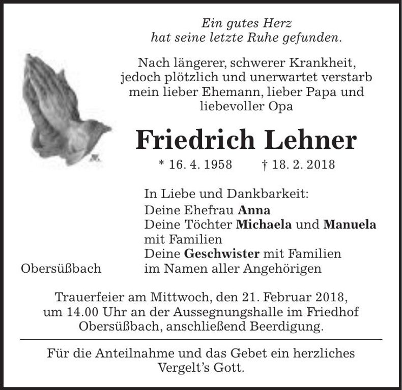 Traueranzeige Friedrich Lehner
