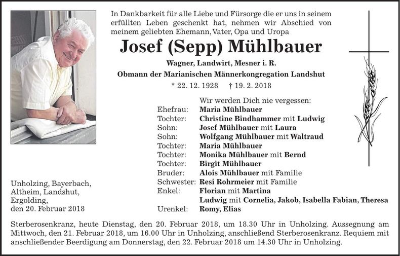 Traueranzeige Josef Mühlbauer
