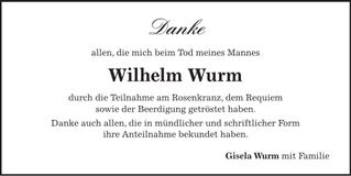 Traueranzeige Wilhelm Wurm