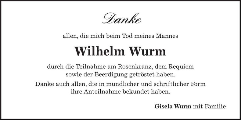 Traueranzeige Wilhelm Wurm