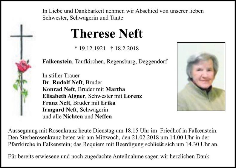 Traueranzeige Therese Neft