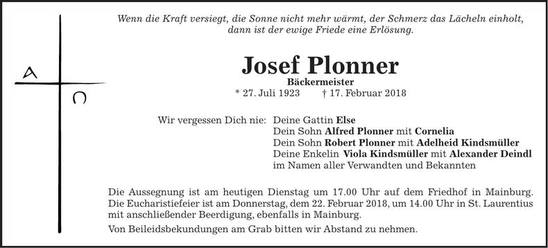 Traueranzeige Josef Plonner